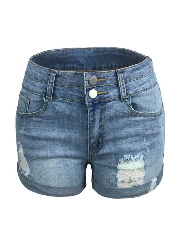 Trendy ripped rolled edge elastic high waist denim shorts women's hot pants-TOPS / DRESSES-[Adult]-[Female]-2022 Online Blue Zone Planet