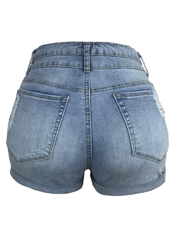 Trendy ripped rolled edge elastic high waist denim shorts women's hot pants-TOPS / DRESSES-[Adult]-[Female]-2022 Online Blue Zone Planet