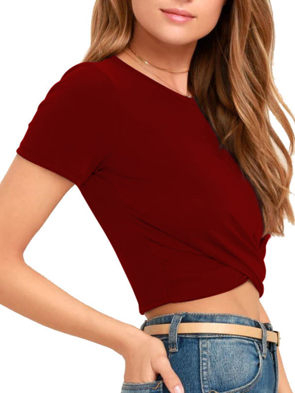 Knitted Short Slim Fit T-Shirt with Navel and Knot-[Adult]-[Female]-2022 Online Blue Zone Planet