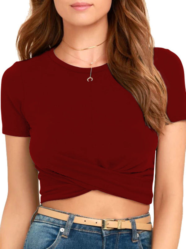 Knitted Short Slim Fit T-Shirt with Navel and Knot-[Adult]-[Female]-Wine Red-S-2022 Online Blue Zone Planet