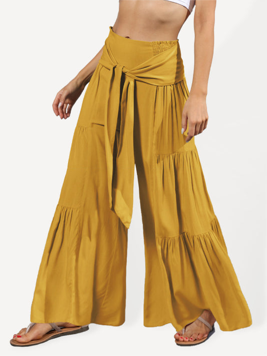 Blue Zone Planet | woven strap elastic waist this kind of wide-leg A-type trousers-TOPS / DRESSES-[Adult]-[Female]-Yellow-S-2022 Online Blue Zone Planet