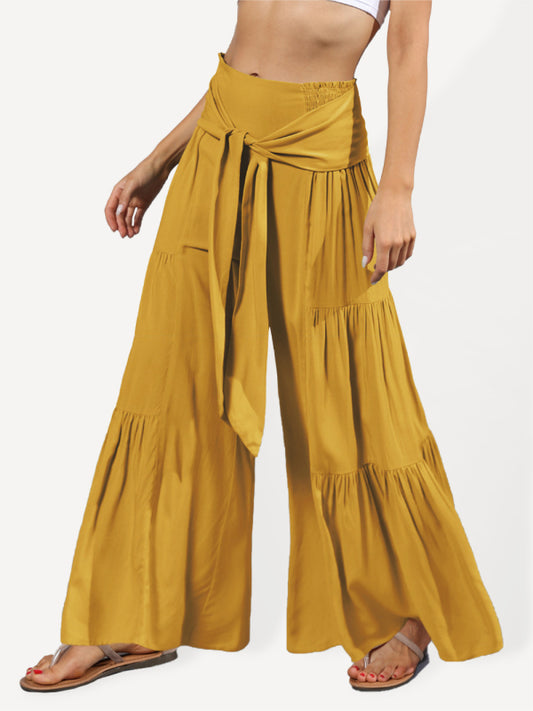 Women's woven strap elastic waist this kind of wide-leg A-type casual trousers