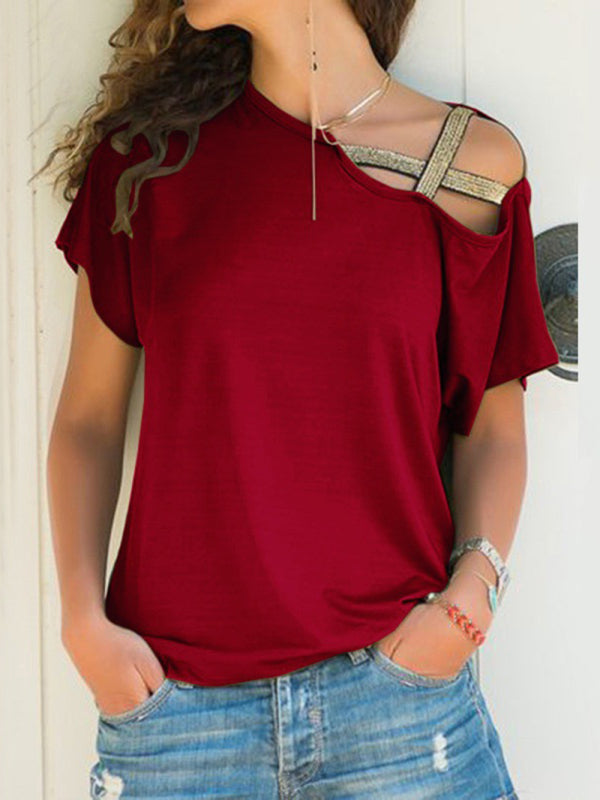 Blue Zone Planet | Casual slanted shoulder cross irregular short-sleeved T-shirt women's clothing-[Adult]-[Female]-Wine Red-S-2022 Online Blue Zone Planet