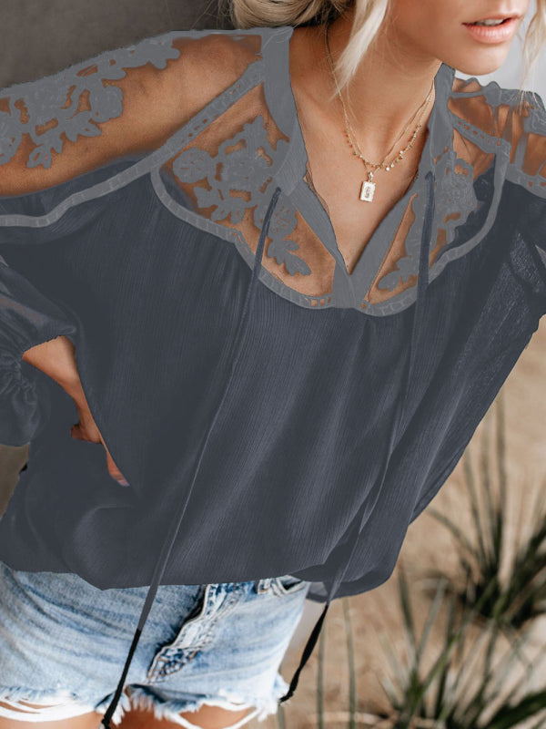 Blue Zone Planet | see-through V-neck lace shirt shirt BLUE ZONE PLANET