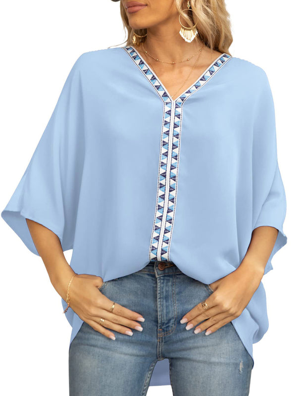 Blue Zone Planet |  Dolman Sleeve Chiffon V-Neck Short Sleeve Shirt Shirt BLUE ZONE PLANET