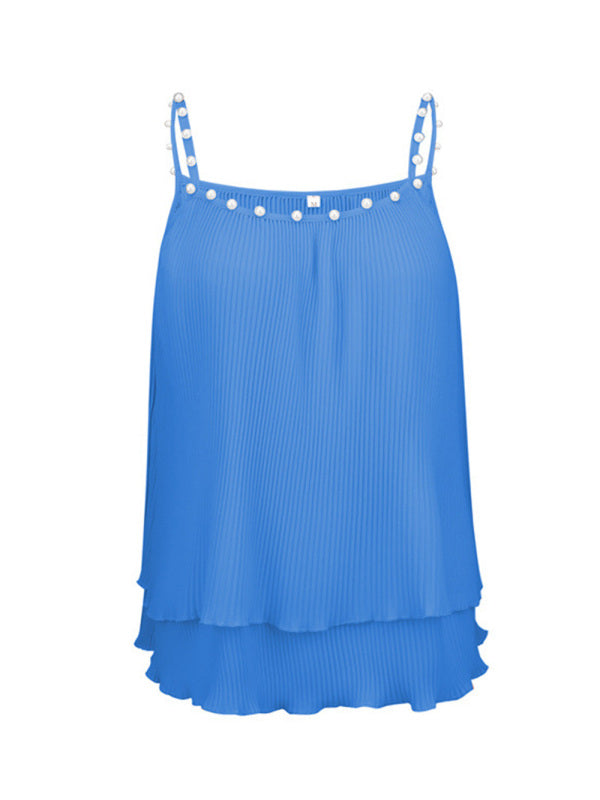 Blue Zone Planet |  Chiffon Pleated Pearl Camisole Top BLUE ZONE PLANET