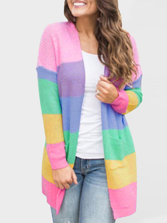 Blue Zone Planet | Sweater Loose Color Long Sleeve Contrasting Color Striped Knit Cardigan Jacket-TOPS / DRESSES-[Adult]-[Female]-Pink-S-2022 Online Blue Zone Planet