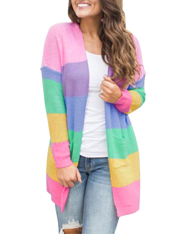 Blue Zone Planet | Sweater Loose Color Long Sleeve Contrasting Color Striped Knit Cardigan Jacket-TOPS / DRESSES-[Adult]-[Female]-2022 Online Blue Zone Planet