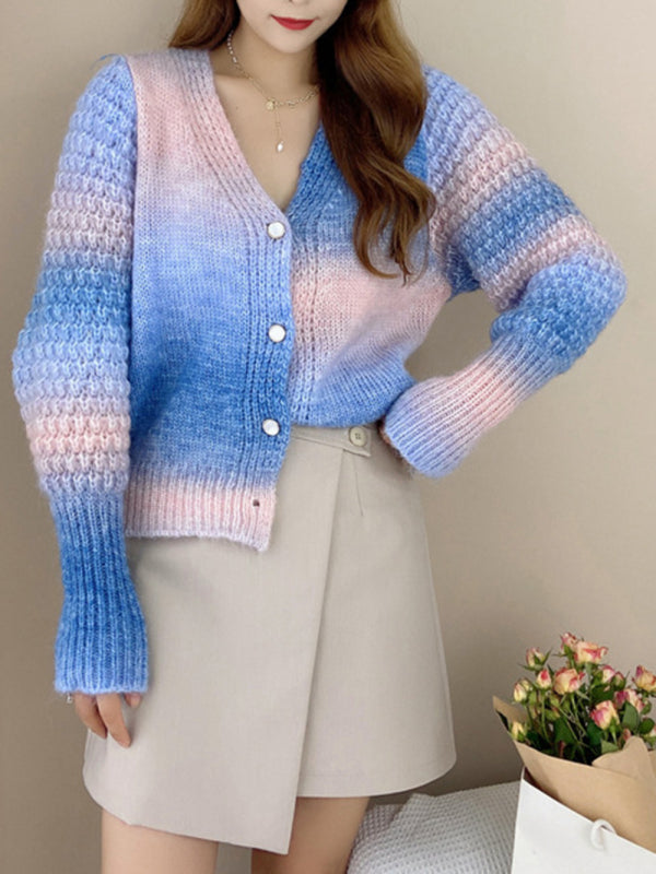 Blue Zone Planet |  Rainbow Gradient Color Sweater Loose Lazy Long-sleeved V-neck Knit Cardigan BLUE ZONE PLANET