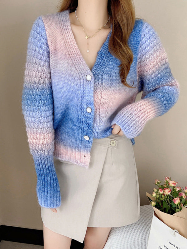 Blue Zone Planet |  Rainbow Gradient Color Sweater Loose Lazy Long-sleeved V-neck Knit Cardigan BLUE ZONE PLANET