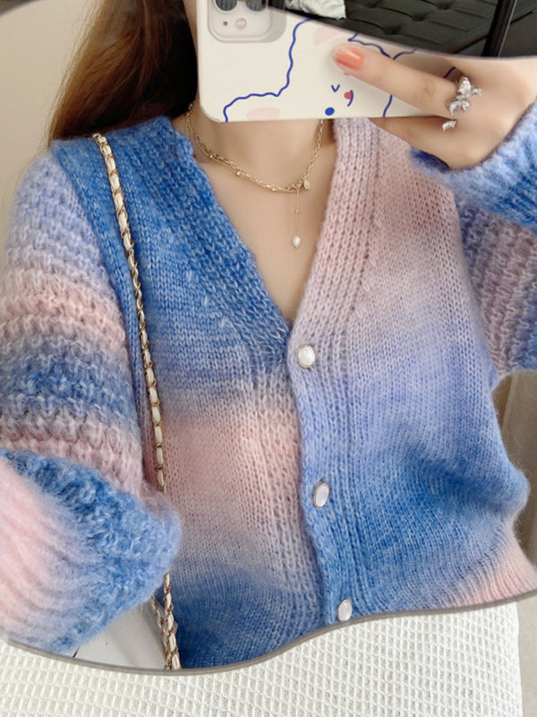 Blue Zone Planet |  Rainbow Gradient Color Sweater Loose Lazy Long-sleeved V-neck Knit Cardigan BLUE ZONE PLANET