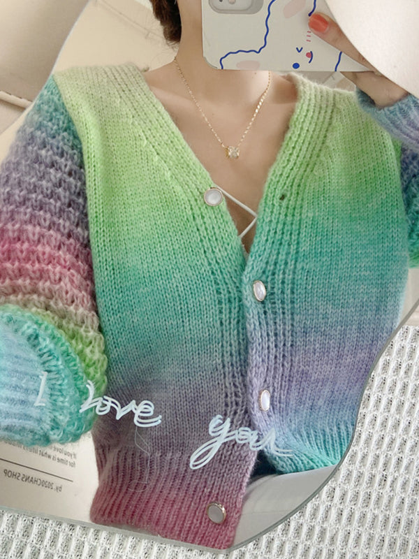 Blue Zone Planet |  Rainbow Gradient Color Sweater Loose Lazy Long-sleeved V-neck Knit Cardigan BLUE ZONE PLANET