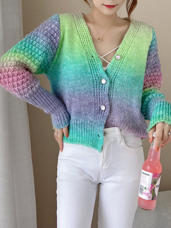 Blue Zone Planet |  Rainbow Gradient Color Sweater Loose Lazy Long-sleeved V-neck Knit Cardigan BLUE ZONE PLANET