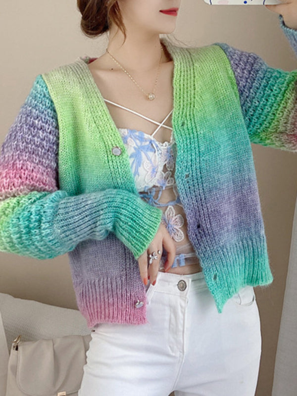 Blue Zone Planet |  Rainbow Gradient Color Sweater Loose Lazy Long-sleeved V-neck Knit Cardigan BLUE ZONE PLANET