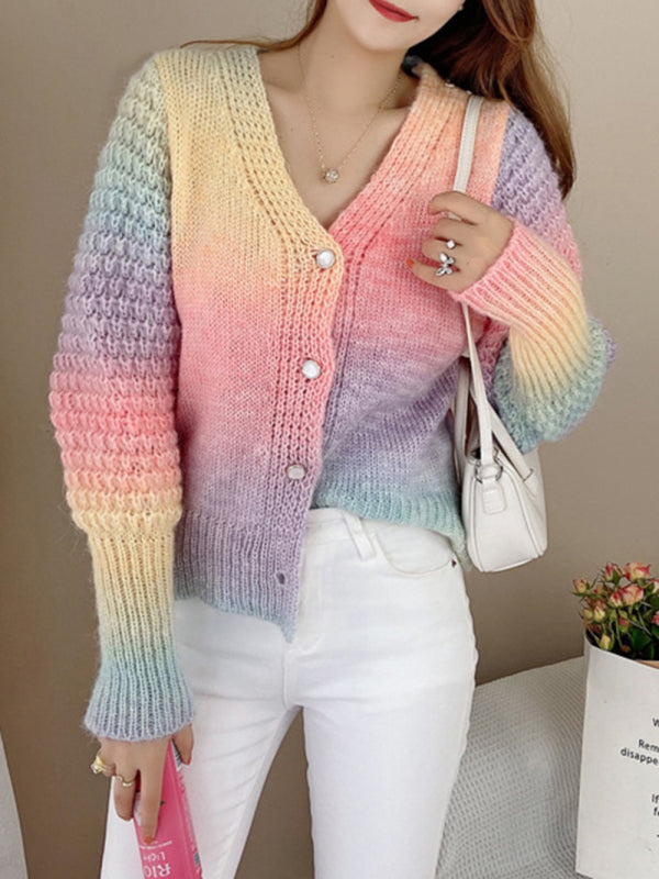 Blue Zone Planet |  Rainbow Gradient Color Sweater Loose Lazy Long-sleeved V-neck Knit Cardigan BLUE ZONE PLANET