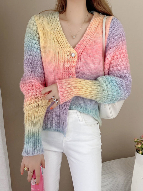 Blue Zone Planet |  Rainbow Gradient Color Sweater Loose Lazy Long-sleeved V-neck Knit Cardigan BLUE ZONE PLANET