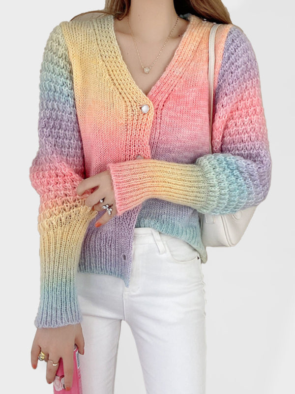 Blue Zone Planet |  Rainbow Gradient Color Sweater Loose Lazy Long-sleeved V-neck Knit Cardigan BLUE ZONE PLANET