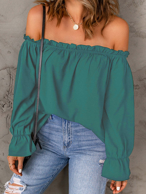 Blue Zone Planet |  One-neck chiffon shirt solid color pullover off-the-shoulder top BLUE ZONE PLANET