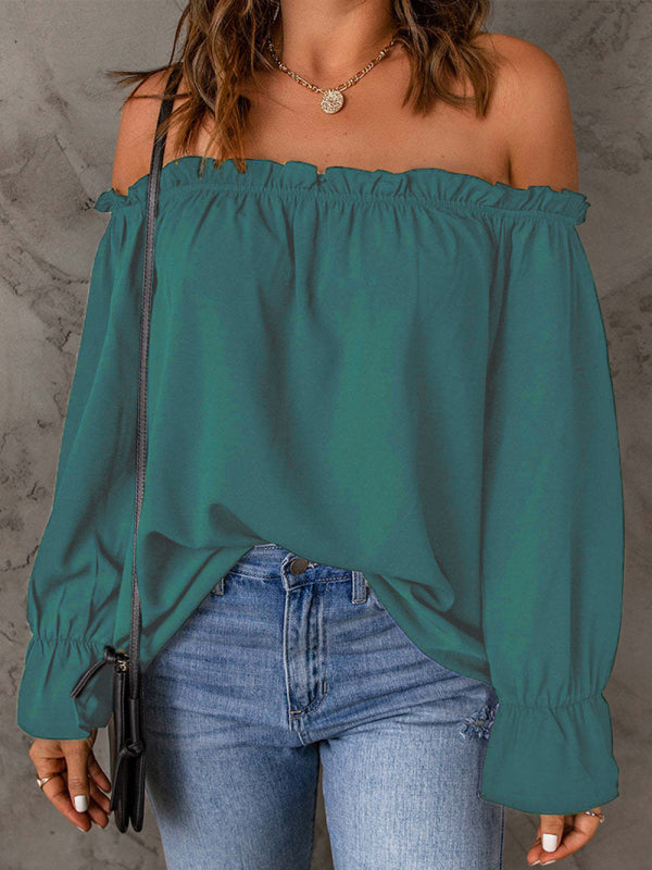 Blue Zone Planet |  One-neck chiffon shirt solid color pullover off-the-shoulder top BLUE ZONE PLANET