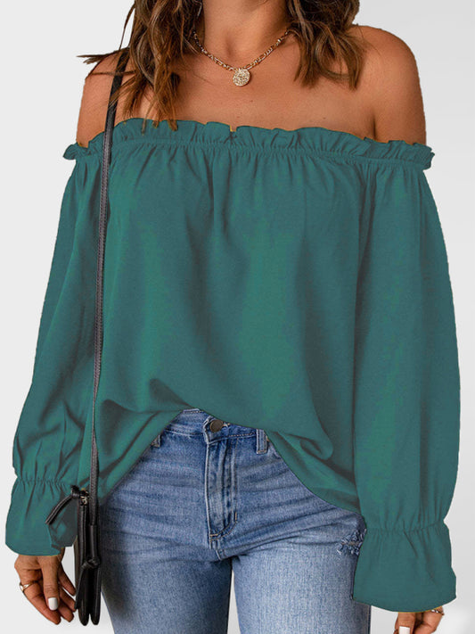 One-neck chiffon shirt solid color pullover off-the-shoulder top-[Adult]-[Female]-Green-S-2022 Online Blue Zone Planet