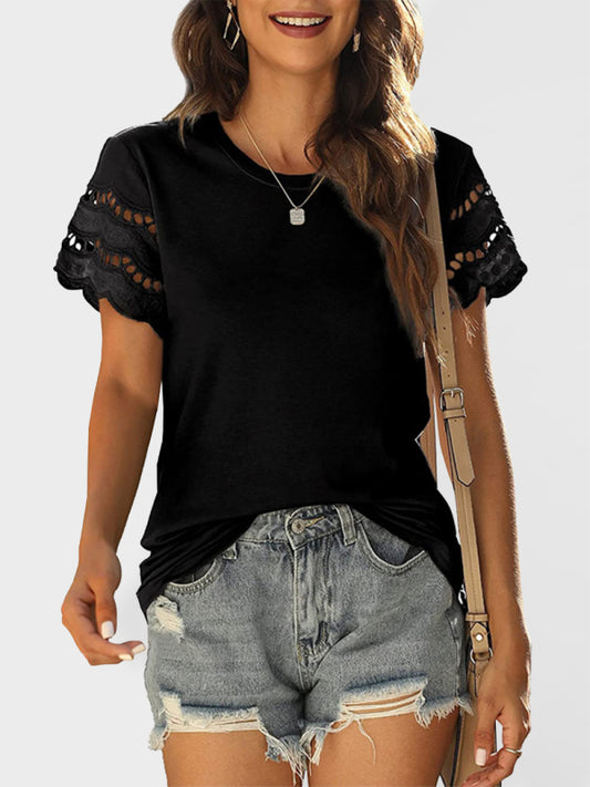 Summer new lace stitching short-sleeved T-shirt round neck top-[Adult]-[Female]-Black-S-2022 Online Blue Zone Planet