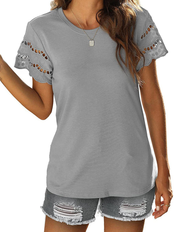 Summer new lace stitching short-sleeved T-shirt round neck top-[Adult]-[Female]-2022 Online Blue Zone Planet