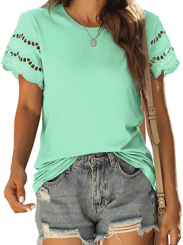 Summer new lace stitching short-sleeved T-shirt round neck top-[Adult]-[Female]-Green-S-2022 Online Blue Zone Planet