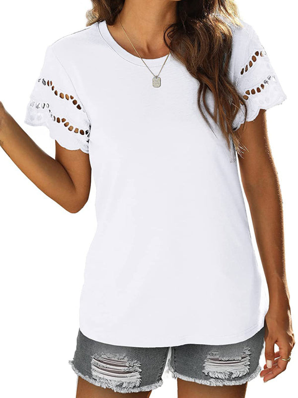Summer new lace stitching short-sleeved T-shirt round neck top-[Adult]-[Female]-White-S-2022 Online Blue Zone Planet