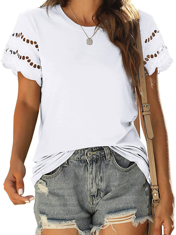 Summer new lace stitching short-sleeved T-shirt round neck top-[Adult]-[Female]-2022 Online Blue Zone Planet