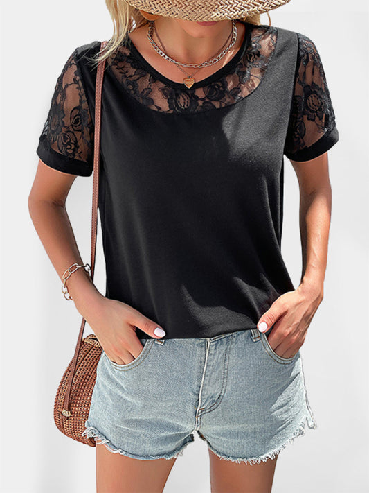 lace hollow stitching top short-sleeved t-shirt BLUE ZONE PLANET