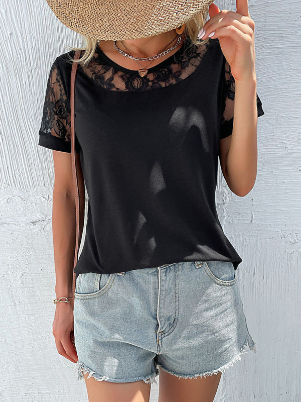 lace hollow stitching top short-sleeved t-shirt BLUE ZONE PLANET