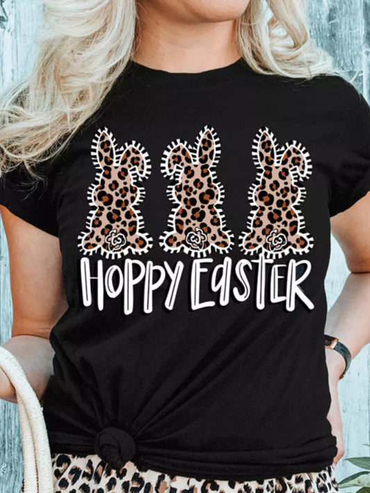 Blue Zone Planet | New Ladies Leopard Bunny Easter Explosion Style Urban Casual Short-sleeved T-Shirt Top-TOPS / DRESSES-[Adult]-[Female]-Black-S-2022 Online Blue Zone Planet