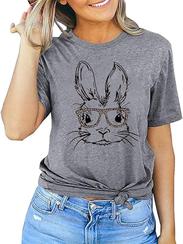 Blue Zone Planet | New Ladies Leopard Bunny Easter Explosion Style Urban Casual Short-sleeved T-Shirt Top-TOPS / DRESSES-[Adult]-[Female]-2022 Online Blue Zone Planet