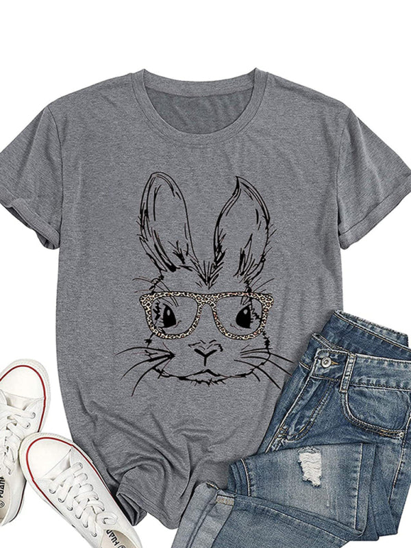 Blue Zone Planet | New Ladies Leopard Bunny Easter Explosion Style Urban Casual Short-sleeved T-Shirt Top-TOPS / DRESSES-[Adult]-[Female]-2022 Online Blue Zone Planet