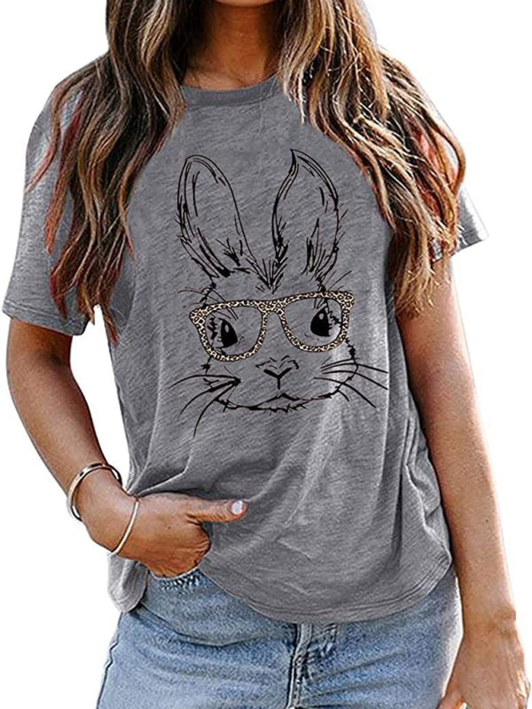 Blue Zone Planet | New Ladies Leopard Bunny Easter Explosion Style Urban Casual Short-sleeved T-Shirt Top-TOPS / DRESSES-[Adult]-[Female]-Charcoal grey-S-2022 Online Blue Zone Planet