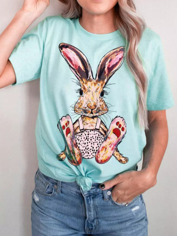 Blue Zone Planet | New Ladies Leopard Bunny Easter Explosion Style Urban Casual Short-sleeved T-Shirt Top-TOPS / DRESSES-[Adult]-[Female]-Clear blue-S-2022 Online Blue Zone Planet
