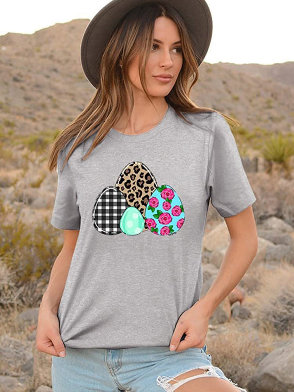Blue Zone Planet | New Ladies Leopard Bunny Easter Explosion Style Urban Casual Short-sleeved T-Shirt Top-TOPS / DRESSES-[Adult]-[Female]-Misty grey-S-2022 Online Blue Zone Planet