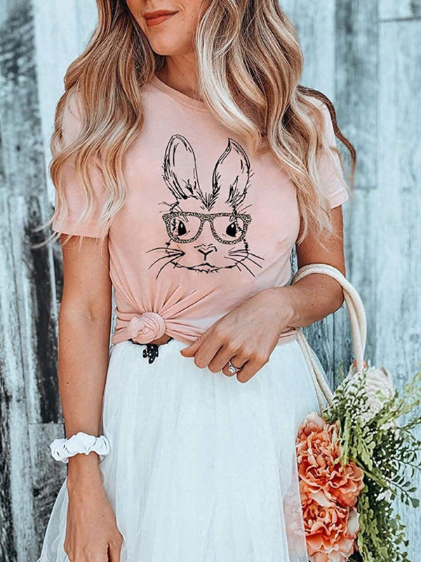 Blue Zone Planet | New Ladies Leopard Bunny Easter Explosion Style Urban Casual Short-sleeved T-Shirt Top-TOPS / DRESSES-[Adult]-[Female]-Pink-S-2022 Online Blue Zone Planet