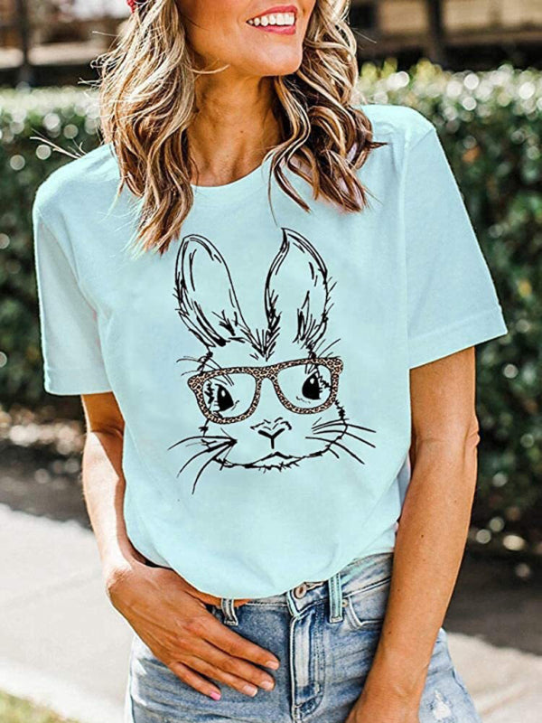 Blue Zone Planet | New Ladies Leopard Bunny Easter Explosion Style Urban Casual Short-sleeved T-Shirt Top-TOPS / DRESSES-[Adult]-[Female]-Sky blue azure-S-2022 Online Blue Zone Planet
