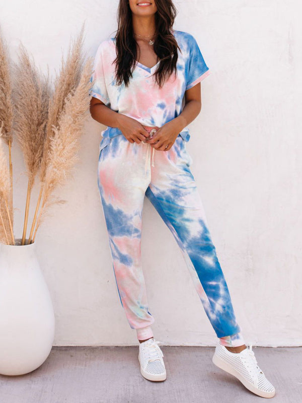 Blue Zone Planet |  Women's colorful tie-dye short-sleeved T-shirt + trousers two-piece suit kakaclo