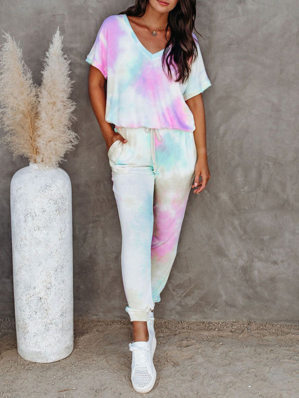 Blue Zone Planet |  Women's colorful tie-dye short-sleeved T-shirt + trousers two-piece suit kakaclo