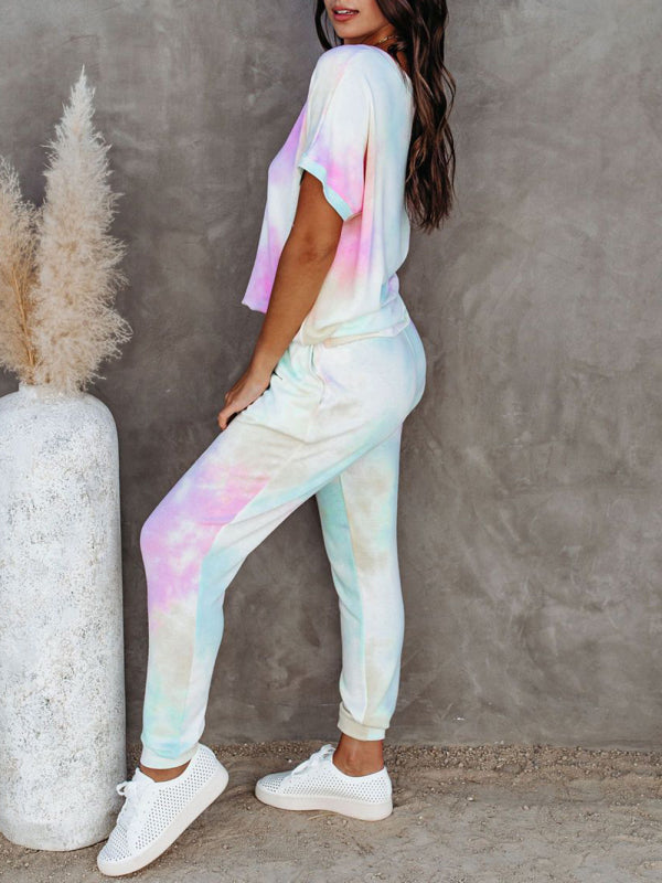 Blue Zone Planet |  Women's colorful tie-dye short-sleeved T-shirt + trousers two-piece suit kakaclo