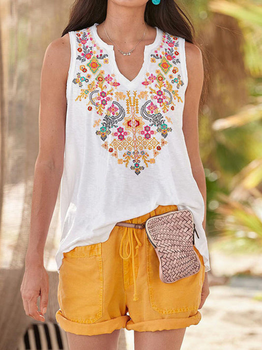 Blue Zone Planet |  Linda's Ethnic Style Embroidery Top T-shirt Vest BLUE ZONE PLANET