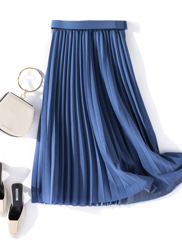 Blue Zone Planet |  Pleated Skirt Mid-length High Belt Versatile A-Line Skirt BLUE ZONE PLANET