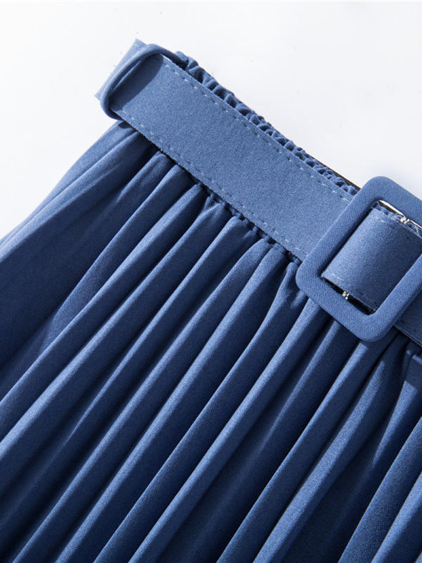 Blue Zone Planet |  Pleated Skirt Mid-length High Belt Versatile A-Line Skirt BLUE ZONE PLANET