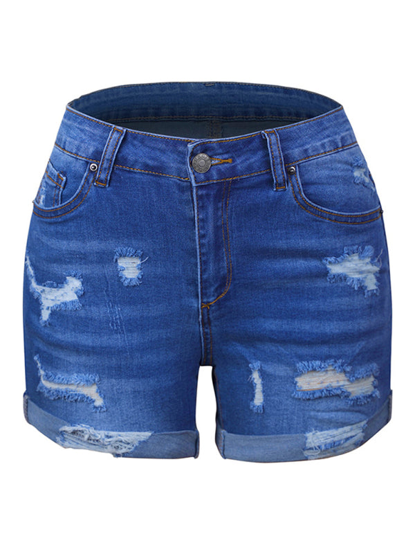 DESTROYED HIGH STRETCH DENIM SHORTS-[Adult]-[Female]-2022 Online Blue Zone Planet