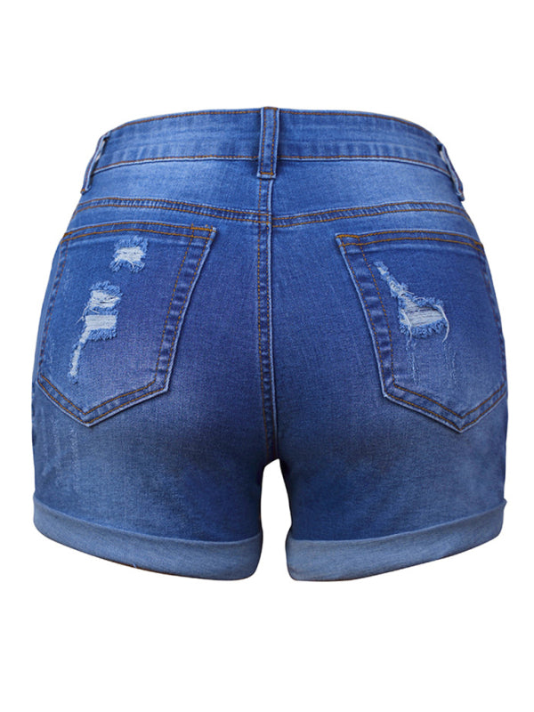 DESTROYED HIGH STRETCH DENIM SHORTS-[Adult]-[Female]-2022 Online Blue Zone Planet