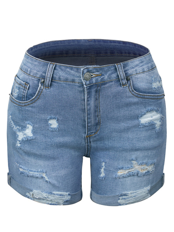 DESTROYED HIGH STRETCH DENIM SHORTS-[Adult]-[Female]-2022 Online Blue Zone Planet