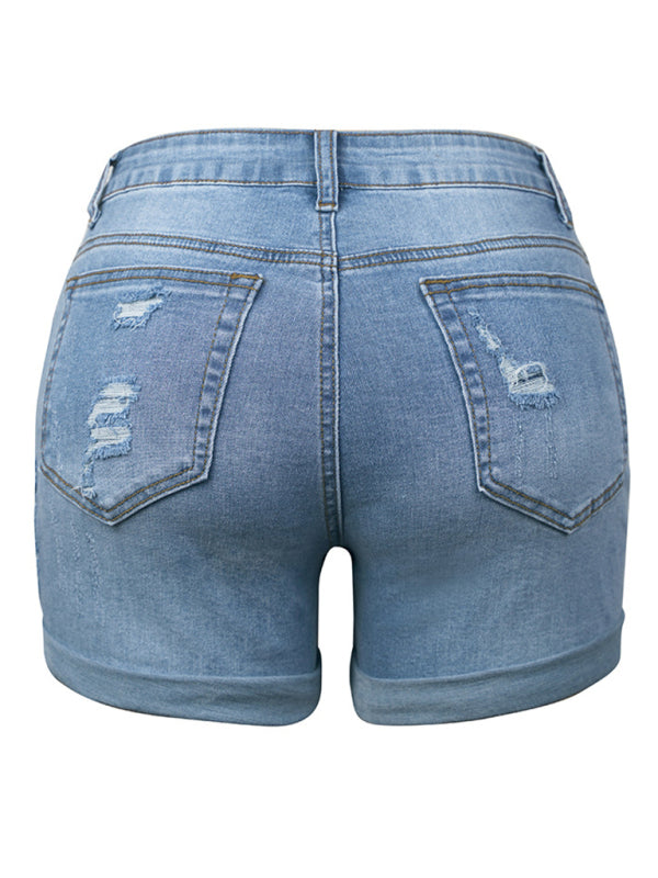 DESTROYED HIGH STRETCH DENIM SHORTS-[Adult]-[Female]-2022 Online Blue Zone Planet