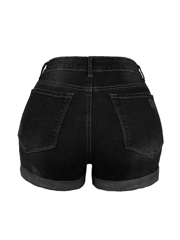 Stretch Mid Rise Denim Shorts with Holes-[Adult]-[Female]-2022 Online Blue Zone Planet